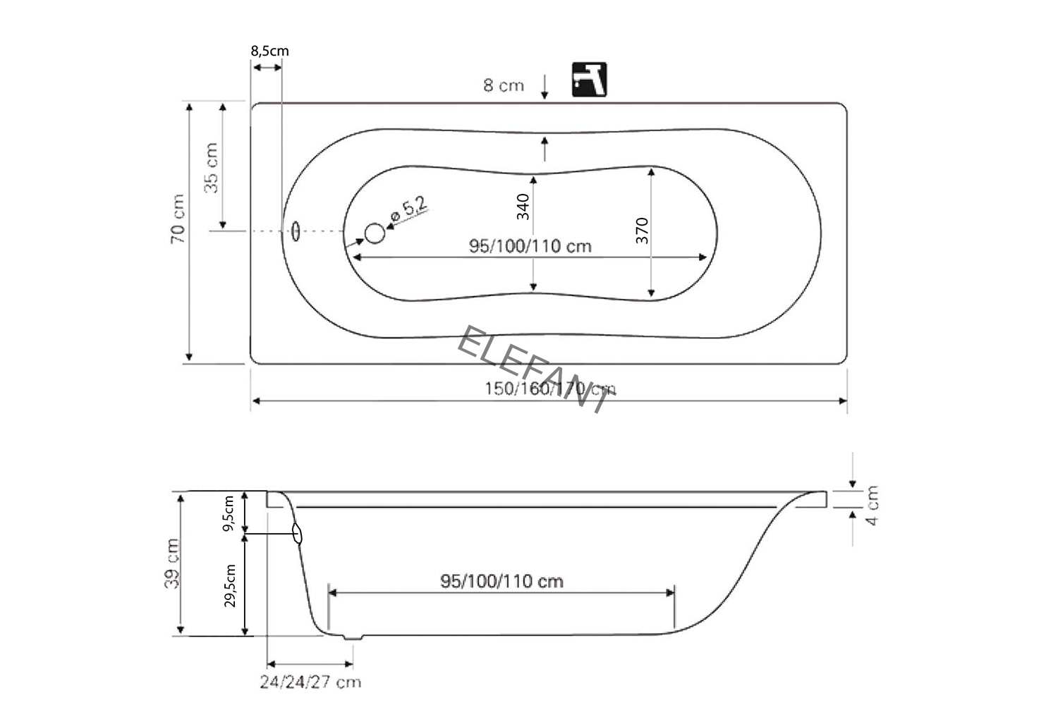JIZERA vana 160x70x39cm, bez nožiček, bílá