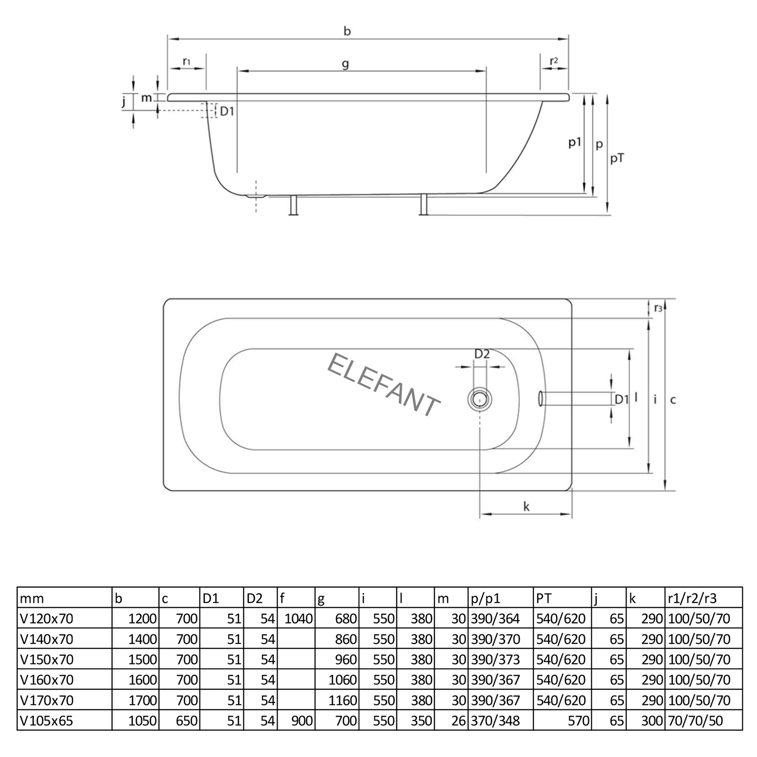 Obdélníková smaltovaná vana 170x70x39cm, bílá