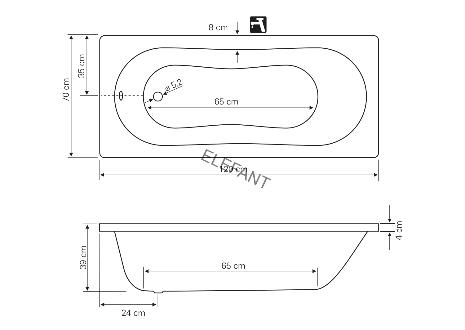 JIZERA vana 120x70x39cm, bez nožiček, bílá