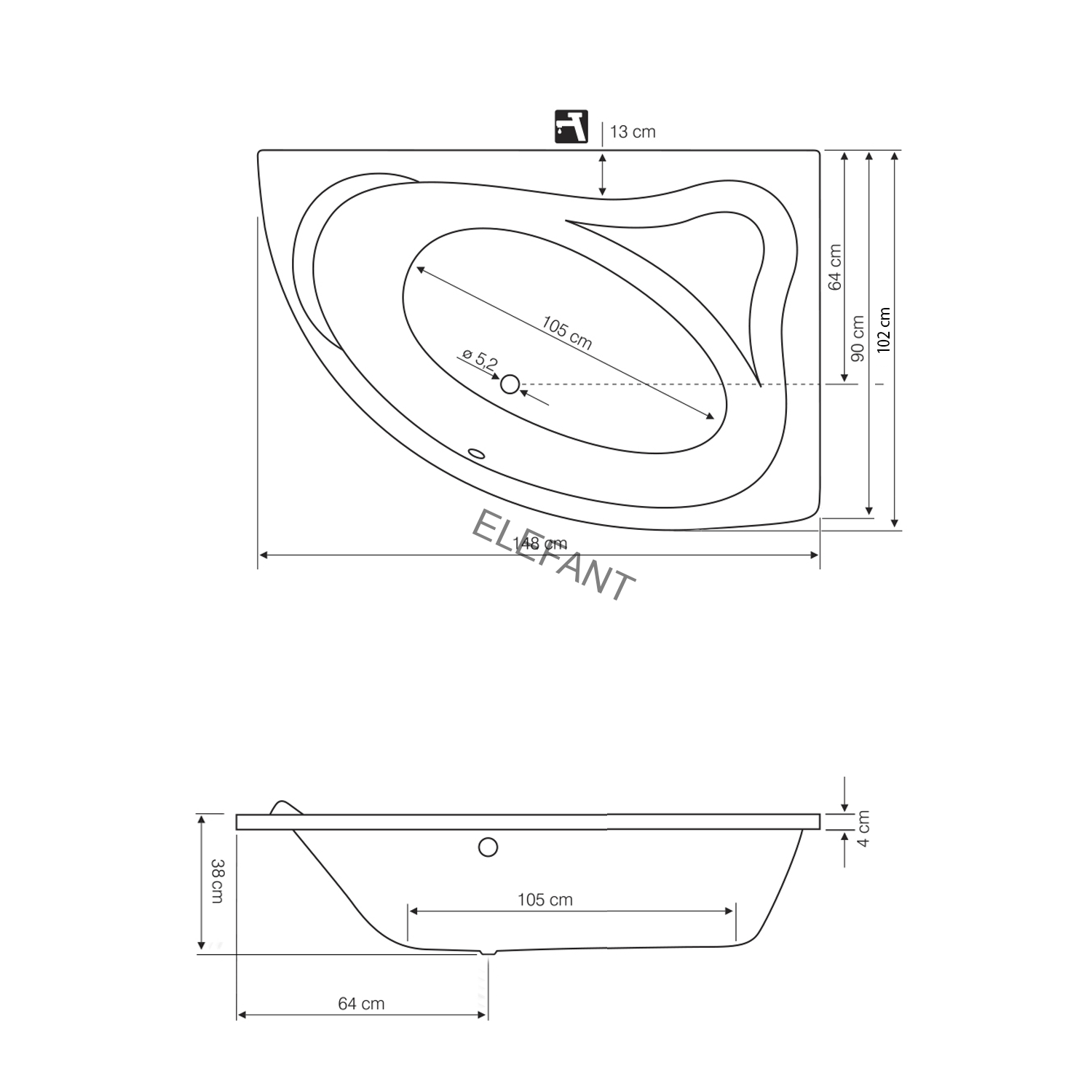 ORAVA vana 150x90x38cm bez nožiček, levá, bílá
